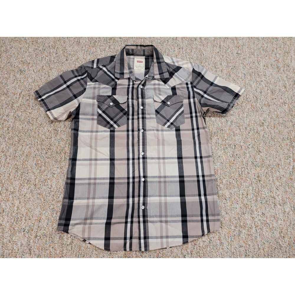 Levi's Western Shirt Mens Small Gray Black Plaid Pearl Snap Short Sleeve Cowboy